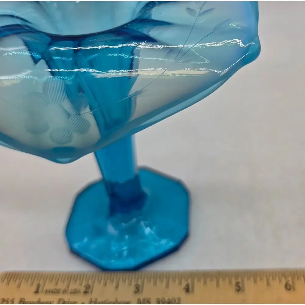 DUGAN GLASS BLUE OPAL WHEEL CUT JIP VASE FLORAL WITH LEAF CUTTING